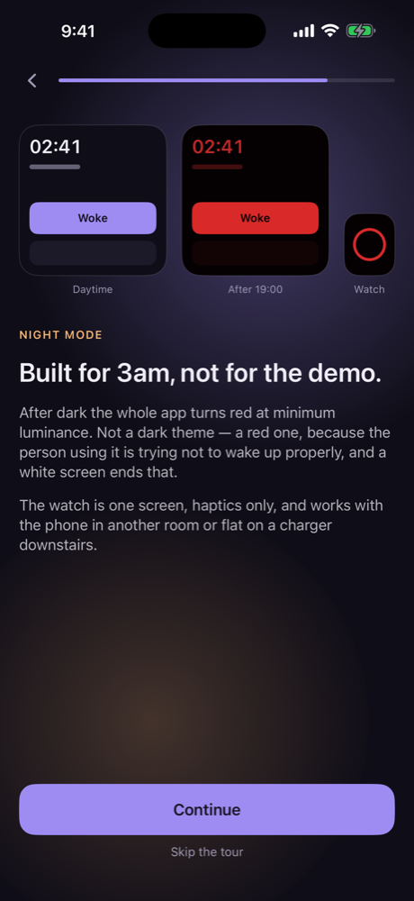 Vela's night mode: the interface at minimum luminance, rendered entirely in red.